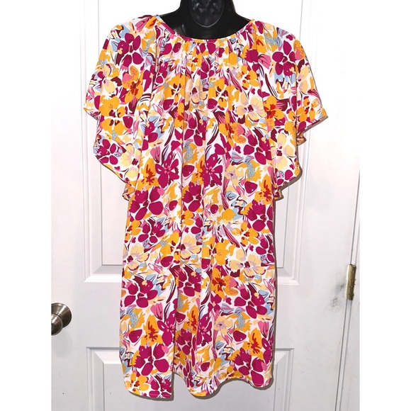 Jules & James pink and orange Women's Floral Double V Ruffle Sleeve Tunic Top - Picture 2 of 5